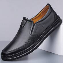 Men's Top Grain Leather Casual Solid Color Slip-On Round Toe Spring/Autumn Formal Low-Top Shoes - Black - View 7
