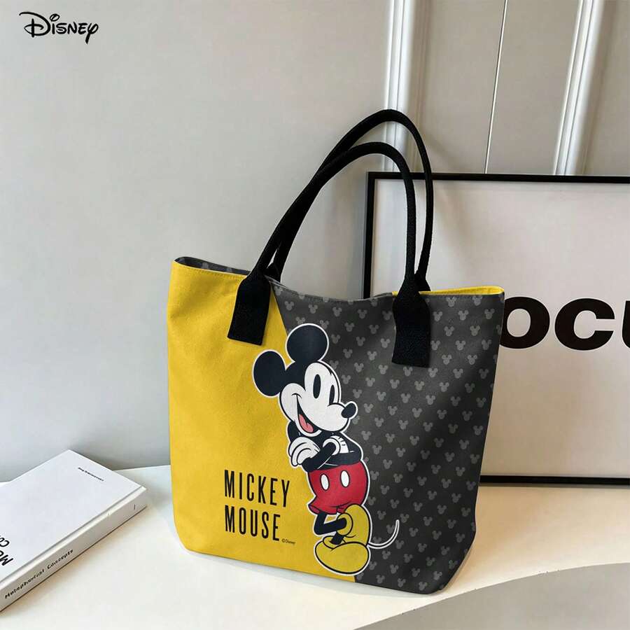 Miniso Disney Mickey Mouse Hand-Carried One Shoulder Laptop Bag, Yellow & Gray Color Block Daily Shoulder Bag - Black - View 1