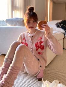 Cardigan Sweater Pink Motif Makhluk Mitologi Merah, Kancing Depan, Leher Bulat, Lengan Panjang, Rajutan Lembut, Cardigan Kasual Musim Gugur untuk Wanita, Gaya Vintage - Berwarna merah muda - View 2
