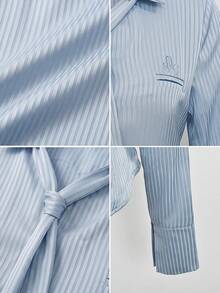 Satin Collar Striped Waist Fitted Long Sleeve Blouse For Women, Sweet & Spicy Vibe, Spring - Blue - View 8