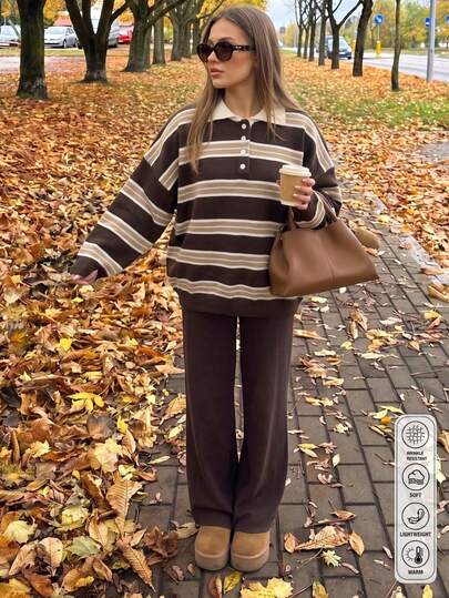 HoloChill Women's Young Influencer Casual Style, Women's Knitted Striped Polo Pullover Sweater, Long Sleeve Regular Fit Button Decor Top, High Elasticity Retro Preppy Style Fall Casual 2026 New Fall Sweater, Women's Elegant Outing Outfit Halloween Fall/Winter Luxury Christmas