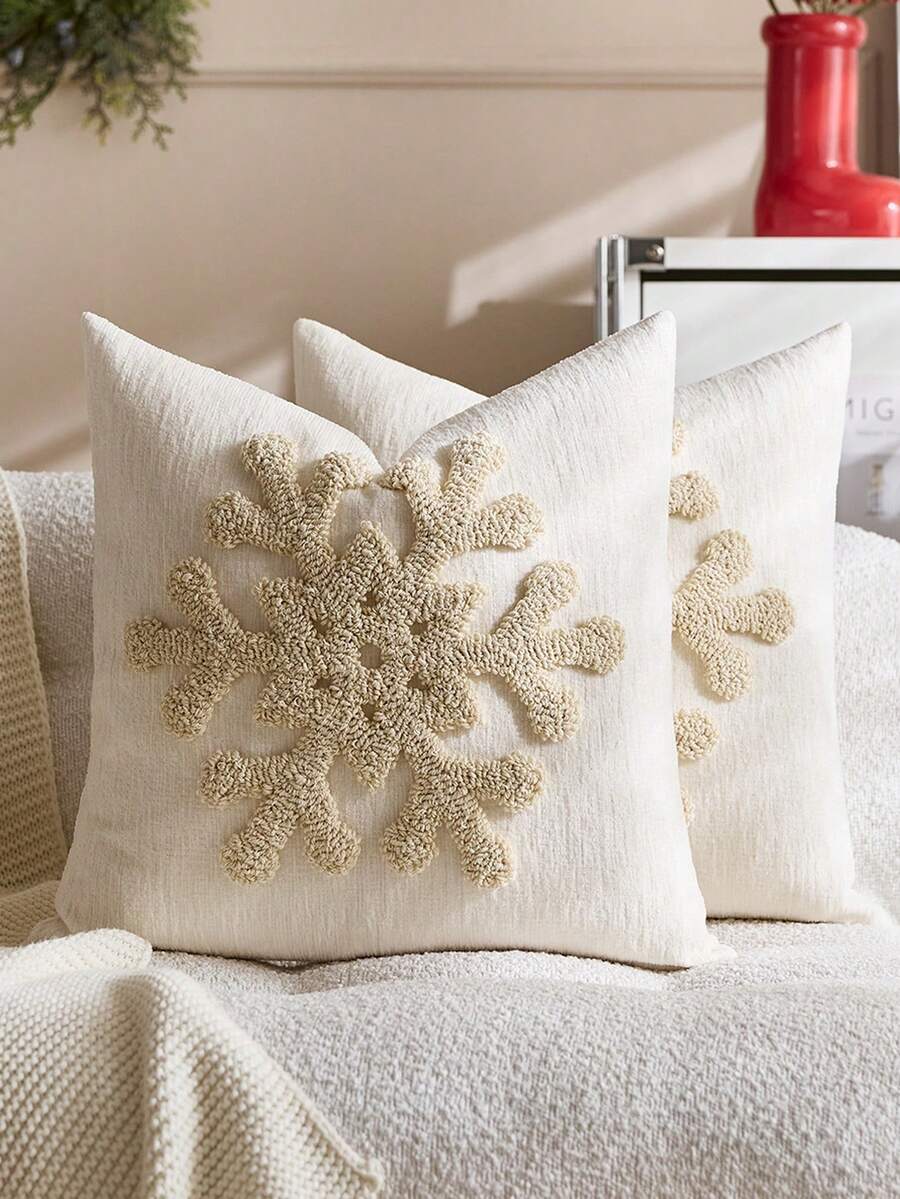 3D Christmas Snowflakes Throw Pillow Covers Rustic Farmhouse Style Christmas Tree Pillow Cover, 17.72x17.72inch, Polyester, Zippered, Hand Wash Only, Geometric Pattern, Home Decor Cushion Case For Festive Holiday Decor(1Pc,2Pcs Available) - Beige - View 1