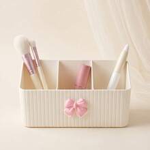 1pc Integrated Multi-Section Plastic Desktop Storage Box With Cute And Beautiful Pink Bow, Suitable For Desktop, Office Supplies, Pen Holder, Desktop Makeup Storage Box, Space-Saving - Multicolor - View 9