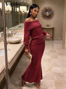 NEW IDEA Women Elegant Burgundy Fall Winter Two Pieces Outfit, Off Shoulder Long Sleeve Knit Top & Mermaid Maxi Skirt Set For Holiday Dinner, Party - Red - View 5