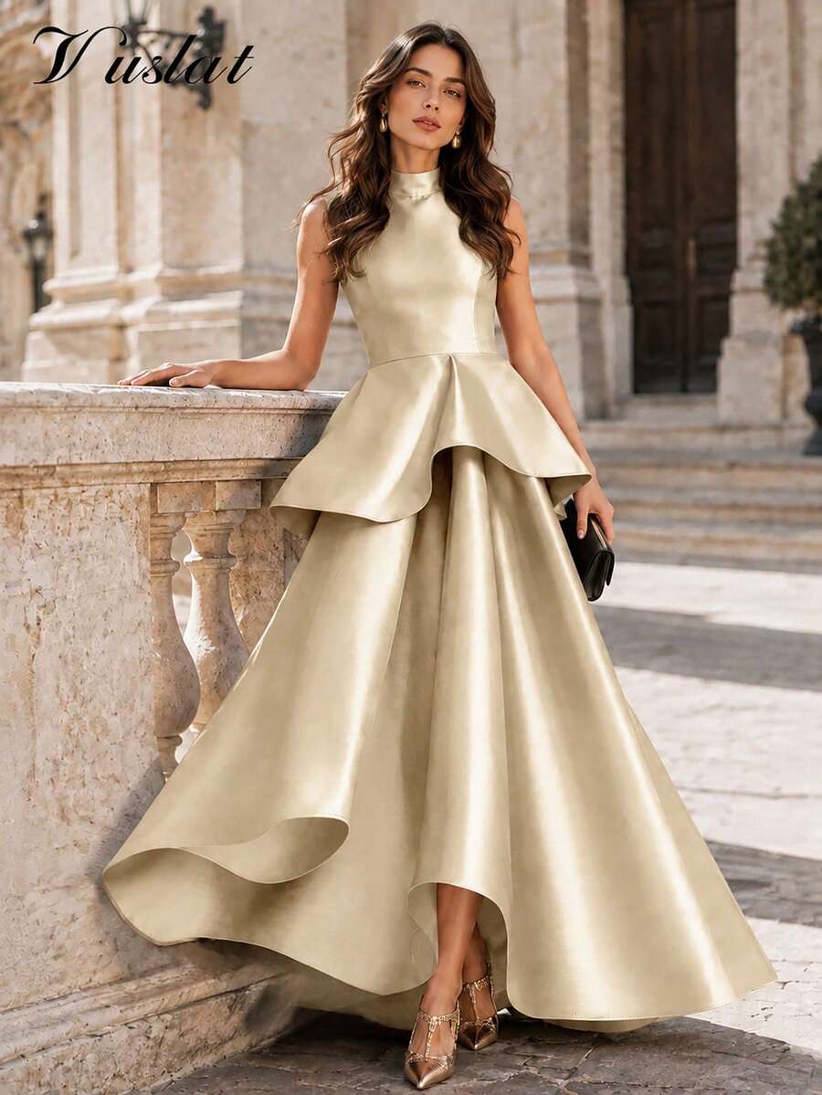 Vuslat Women's Autumn Stand Collar Sleeveless Layered Ruffle Fishtail Long Dress, Suitable For Banquet, Graduation Ceremony, Party, Birthday - Champagne - View 1