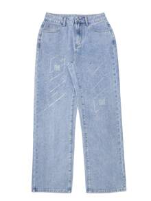 Women Wide Leg Jeans Rhinestone Geometric Sparkle Blue Straight Leg Denim Casual Business Professional Y2K Elegant Vacation ,Fall Winter - Blue - View 6