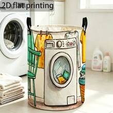 Cartoon Washing Machine Printed Laundry Basket, Foldable Storage Bin, Cute Hand-Drawn Laundry Room Pattern Laundry Basket, Suitable For Toys, Dirty Clothes, And Bedroom Decoration - Multicolor - View 6