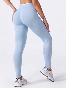 Women's Shaping Leggings, Contrast Trim, Waist Sculpting & Butt Lift, Suitable For Yoga, Gym - Baby Blue - View 3