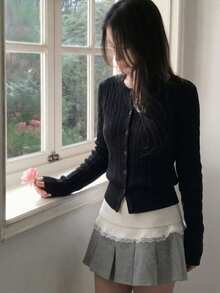 Áo cardigan ngắn nữ màu đen dệt vặn thừng, tay dài, trang trí cúc, vải co giãn cao, phong cách thời trang mùa đông thường ngày - màu đen - Xem 1