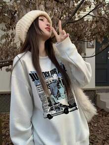 Retro Newspaper Poster Graphic Print Sweatshirt For Women, Casual Loose Fit Crew Neck Pullover, Versatile Lazy Style Autumn/Winter Top - White-gray - View 1