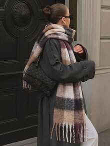Women's Large Plaid Scarf, Thick Faux Cashmere Fabric, Plaid Print, Suitable For Commuting, Outings And Daily Wear, Winter Warm Accessory, Perfect Gift For Holidays - Wine Red & Milk Coffee Plaid - View 1