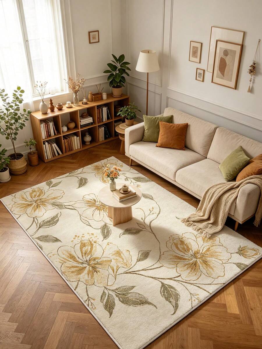 1pc Champagne Yellow French Style Luxury Floral Faux Cashmere Living Room Rug, Soft Non-Slip Wear-Resistant, Suitable For Living Room, Bedroom Holiday Decor, Office, Non-Slip Doormat, Bathroom, Hallway, Study Area - Champagne - View 1