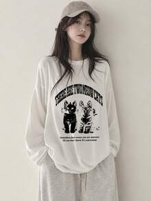 女款時尚春秋純棉寬鬆百搭字母與貓咪印花長袖T恤 - 白色 - 查看 3