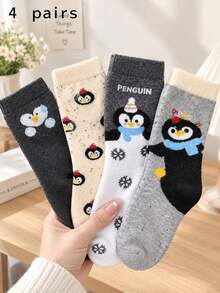 1/4 Pair Unisex Multi-Color Penguin Mid-Calf Socks, Soft Breathable Lightweight, Korean Cartoon Style, 3D Design For Girls And Students, Autumn - Multicolor - View 8