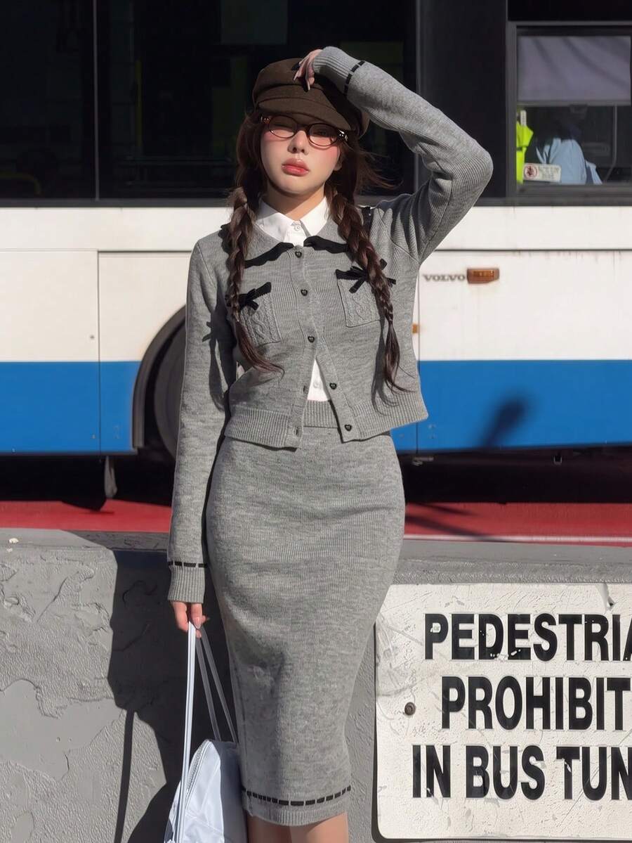 Bow Detail Button Front Knit Cardigan And Midi Skirt Set, Long Sleeve, Slim Fit, Soft Stretch, Grey Elegant Fall Winter Sweater Sets For Women - Grey - View 1