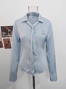 Satin Collar Striped Waist Fitted Long Sleeve Blouse For Women, Sweet & Spicy Vibe, Spring - Blue - View 6