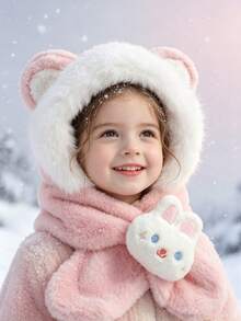 Winter Hat And Scarf 2-In-1, Plush Cartoon Ears All-In-One Hooded Scarf, Cute Cartoon Doll Accessory, Warm Winter Accessory - Multicolor - View 4