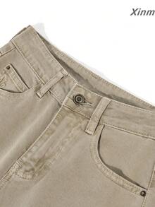 Jean en denim lavé kaki pour femme, début d'automne, taille haute, jambes larges, drapé affinçant, pantalon vintage longueur sol, élégant, voyage, décontracté, vacances - Kaki - Voir 3