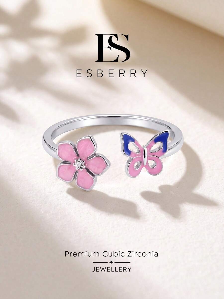ESBERRY 1件精緻花卉蝴蝶立方鋯石開口戒指,適合約會、春季出遊或生日禮物,細膩珠寶 - 花蝴蝶戒指 - 查看 1