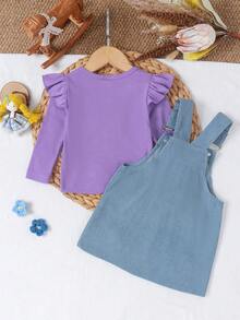 2pcs Baby Girl Cute Forest Style Long Sleeve Ribbed Corduroy Overall Dress Set With 3D Flower, Thin For Spring/Autumn - Purple - View 3