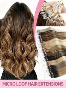 Micro-Loop Human Hair Extensions, Silky Soft Texture With Voluminous Ends, Micro-Loop Human Hair Extensions With Highlights And Micro-Beads, Invisible Micro-Loop Extensions, Suitable For Women's Halloween Costumes. - Multicolor - View 1