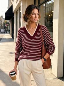 Sweater Pullover Wanita Musim Gugur & Musim Dingin, Atasan Bergaris Lengan Panjang Leher V dengan Panjang Standar dan Sedikit Elastis - MultiWarna - View 3