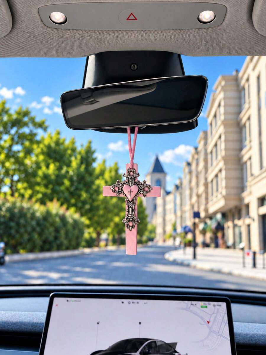 1Pc Pink Gothic-Style Cross Car Ornament – Cute Heart-Shaped Rearview Mirror Pendant; Retro Girly-Style Car Interior Accessory - A - View 1