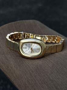 1pc Classic Gold Women's Quartz Watch Oval White Dial With Mixed Hour Markers Suitable For Daily Wear & Gifting - Gold - View 2