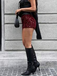 Women's Street Style Vacation Party Sequin Plush Shorts - Burgundy - View 5