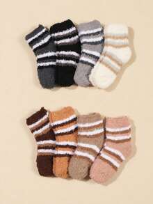 12 Pairs Random Striped Half-Fleece Baby & Kids Socks, Warm & Breathable Winter Sleep Socks, Soft Skin-Friendly Home Floor Socks - Multicolor - View 3