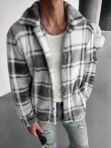WAIT HIM Men's Casual Plaid Striped Flannel Warm Shacket - Black and White - View 2