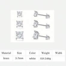 MDFUN 5對公主切方形CZ耳釘，18K白金/鍍金低過敏女性耳環，3-7MM透明立方鋯石耳環套組 - 白色 - 查看 18