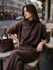 Ebony Fashion Asymmetrical Placket High Neck Long Sleeve Woven Top, Button Detail Design, Regular Length, Suitable For Autumn/Winter Wear - Brown - View 2