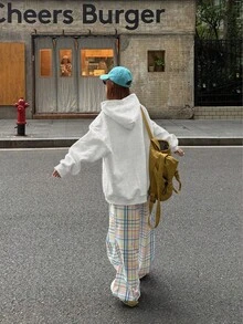 女款字母印花連帽衛衣，秋冬慵懶寬鬆百搭街頭風美式混色灰上衣 - 花灰色 - 查看 2