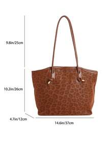 1pc Brown Vintage Leopard Print PU Large Capacity Tote Bag Women's Shoulder Bag - Brown - View 7