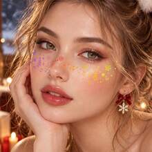 Christmas Freckle Temporary Face Tattoo Stickers-6pcs, Colorful Snowflake Star Gift Box Facial Decor Stickers, Waterproof Self-Adhesive Fake Freckle Tattoos, Festive Body Makeup Decals For Christmas Party, Holiday Cosplay, Rave Music Festival - Multicolor - View 4