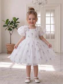 Baby Girls Puff Sleeve Colorblock Bow Print Satin Cute Birthday Dress Suitable For Vacation, No Headband No Bag - Mauve Purple - View 2