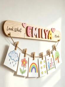 1pc Customized Name Wooden Art Display Stand, Personalized Artwork Display Rack With Rope And Clothespins, Painting Photo Display Board, Wall Decor, Birthday Gift For Boys And Girls, Customized Name Plate, Wooden Wall Decoration - Multicolor - View 5
