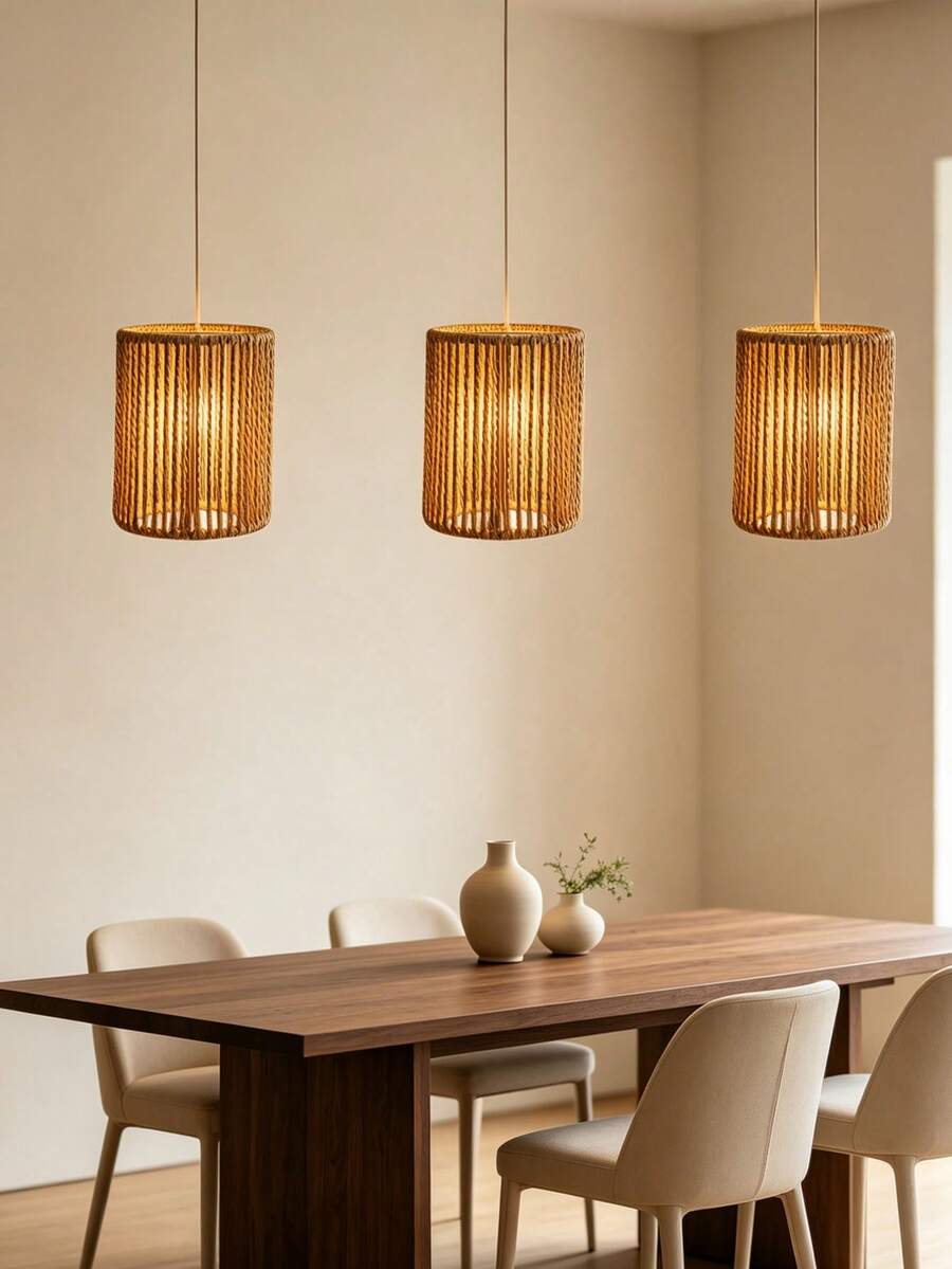 Vertikal vävd rak lampskärm i rep, handgjord veckad lampskärm i pappersrep, pendellampa/vägglampa/ersättningstillbehör för sängbord, bardisk, B&B, mjukt ljus, enkel installation, jul- och halloweenheminredning - Halvcirkel - Visa 1