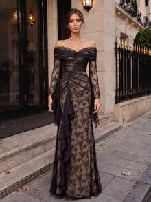 VIPGIRL Black Lace Evening Dress Off Shoulder Long Sleeve Ruched Corset Ruffle Side Backless Lace Up Mermaid Floor Length Prom Formal Gala Maxi Dress - Black - View 4