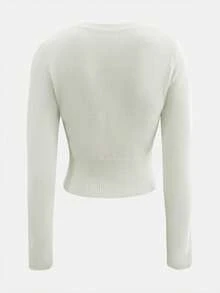 Women's V-Neck Contrast Color Cherry Print Knit Top, Cute Comfortable Slim Fit Short Sweater, Suitable For Autumn/Winter - White - View 7