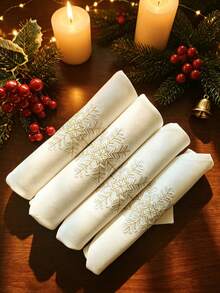 1pc 100% Polyester Christmas Snowflake Embroidered Linen Cloth Napkin, White Table Dinner Napkin For Xmas Holiday Party Table Decor - Silver - View 5