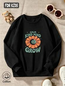 كنزة رياضية سوداء بياقة دائرية للأطفال مع طباعة زهرة برتقالية ونص CALM KIND MIND GROW - الأسود - مشاهدة 4