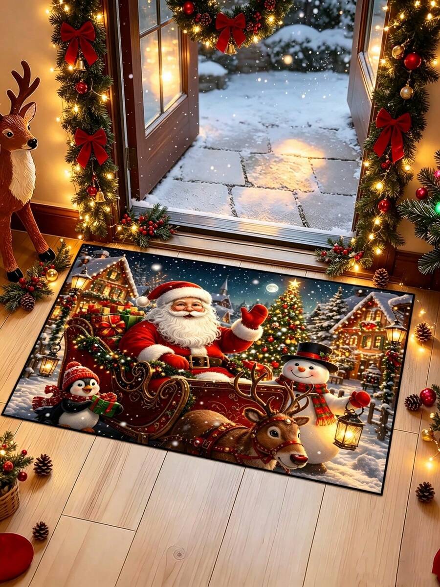 1Pc 15.75x23.62in /19.69x31.5in Feature Santa Claus Sleigh Snowy Town Scene Floor MatEuropean Style Design Accent With Reindee Snowman Suitable For Use In Entryway Kitchen Balcony Bedroom Other Areas To Add Festive Winter Touch To Your Home Decor - Multicolor - View 1