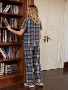 Women's Plaid Print Contrast Trim Notch Collar Short Sleeve Button Front Top + Straight Leg Pants 2-Piece Pajama Set - Multicolor - View 4