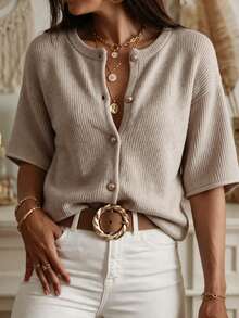 FOR BEAUTY Spring/Summer New Coffee Color Round Neck Short Sleeve Button Knit Top, Minimalist Elegant Commute Casual Cardigan, New Year Fall - Brown - View 3