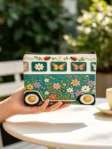 Vintage Floral Bus Pattern Tote Bag With Makeup Bag, Large Capacity Shopping Shoulder Handbag, Flat Print Storage Bag, Suitable For Travel, Commuting, Gifting - Multicolor - View 5