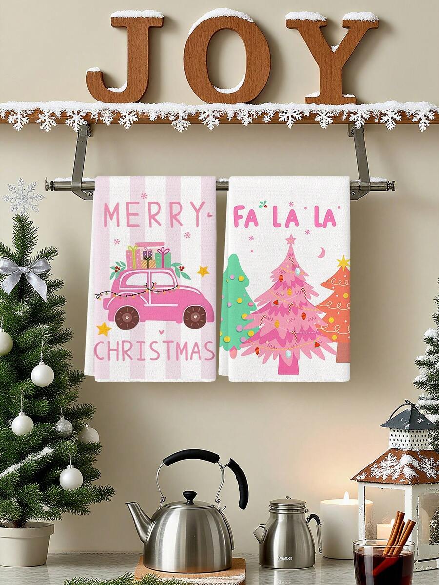 2pcs Pink Christmas Tree And Merry Christmas Print Kitchen Towels, Festive Dish Cloths, Suitable For Kitchen Cleaning & Christmas Decor - Pink - View 1