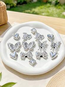 14pcs Silver Shoe Charms (Bowknot, Heart, Letter) Suitable For Perforated Sandals DIY Decoration Accessories, Perfect Gift Choice - Silver - View 1