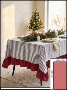 1pc Blue & White Striped Patchwork Red Bottom Edge Tablecloth, Country Vintage Style Rectangular With Red Ruffle Hem Decor, Protects And Beautifies Tabletop, Suitable For Christmas, Holiday And Winter Home Decor - Blue - View 21